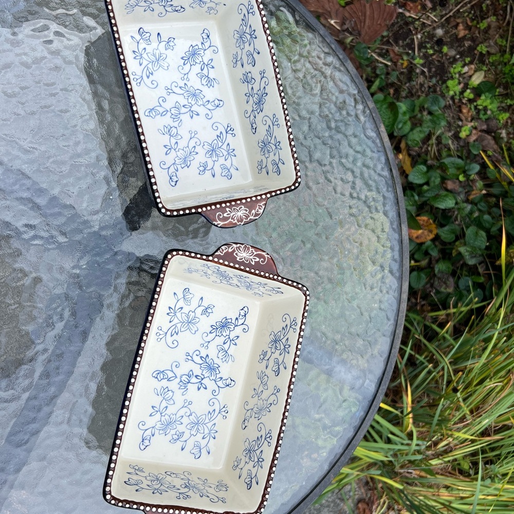 Blue Floral Lace Rectangular Ceramic Loaf Serving Pans- Set of 2